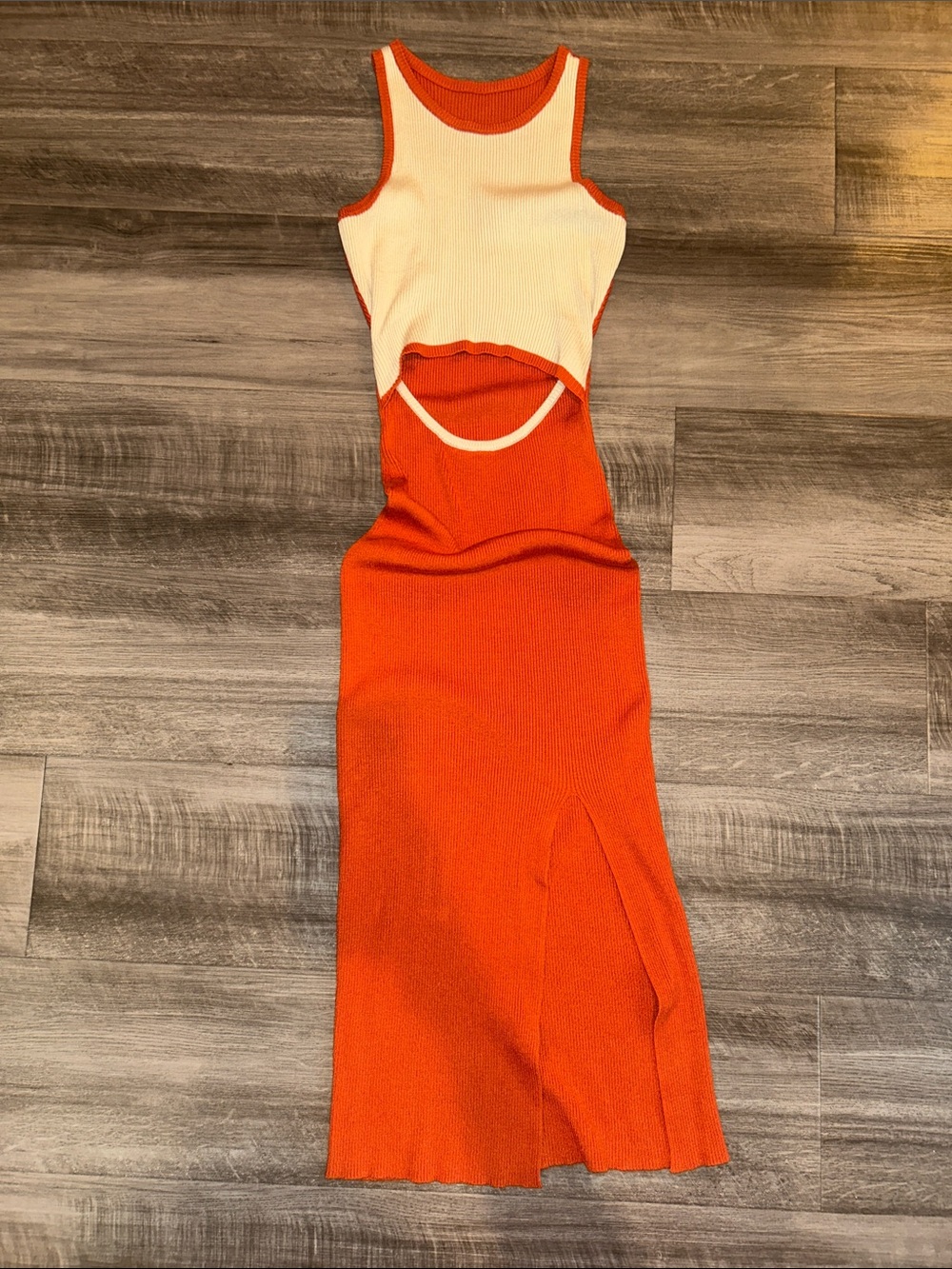 Ribbed Burnt Orange and Cream Cutout Midi Dress